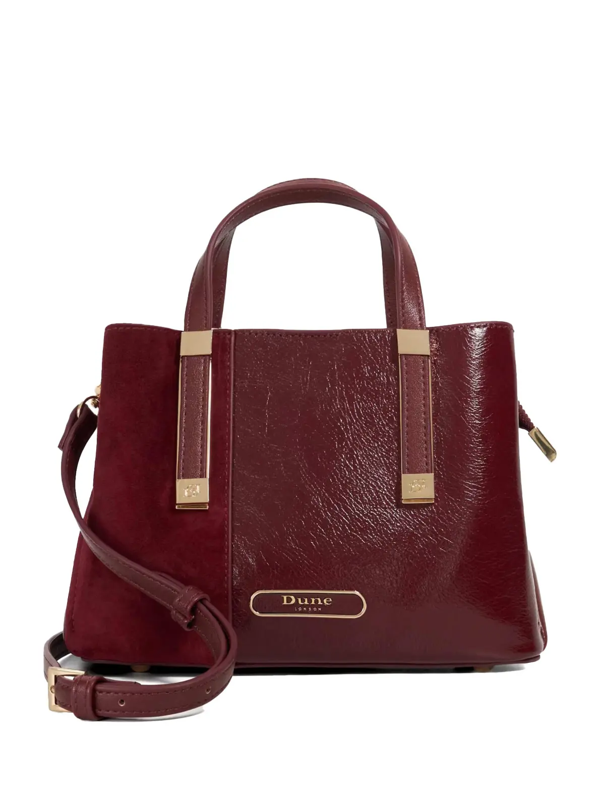 Berry red bag with top handle, strap and gold hardware