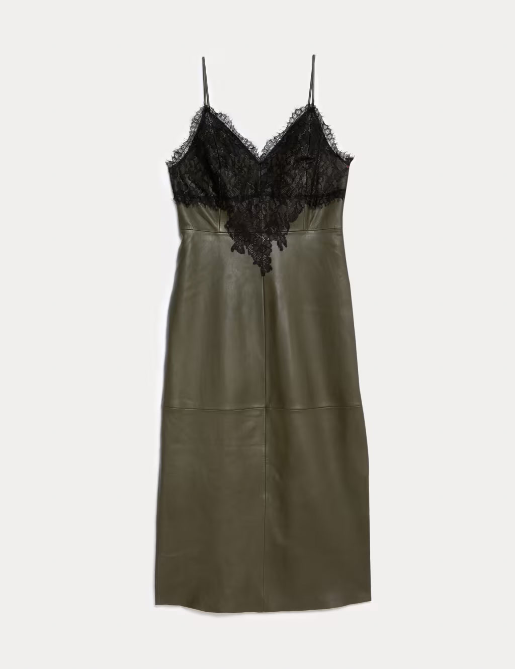 Moss-green leather slip dress with black lace trim