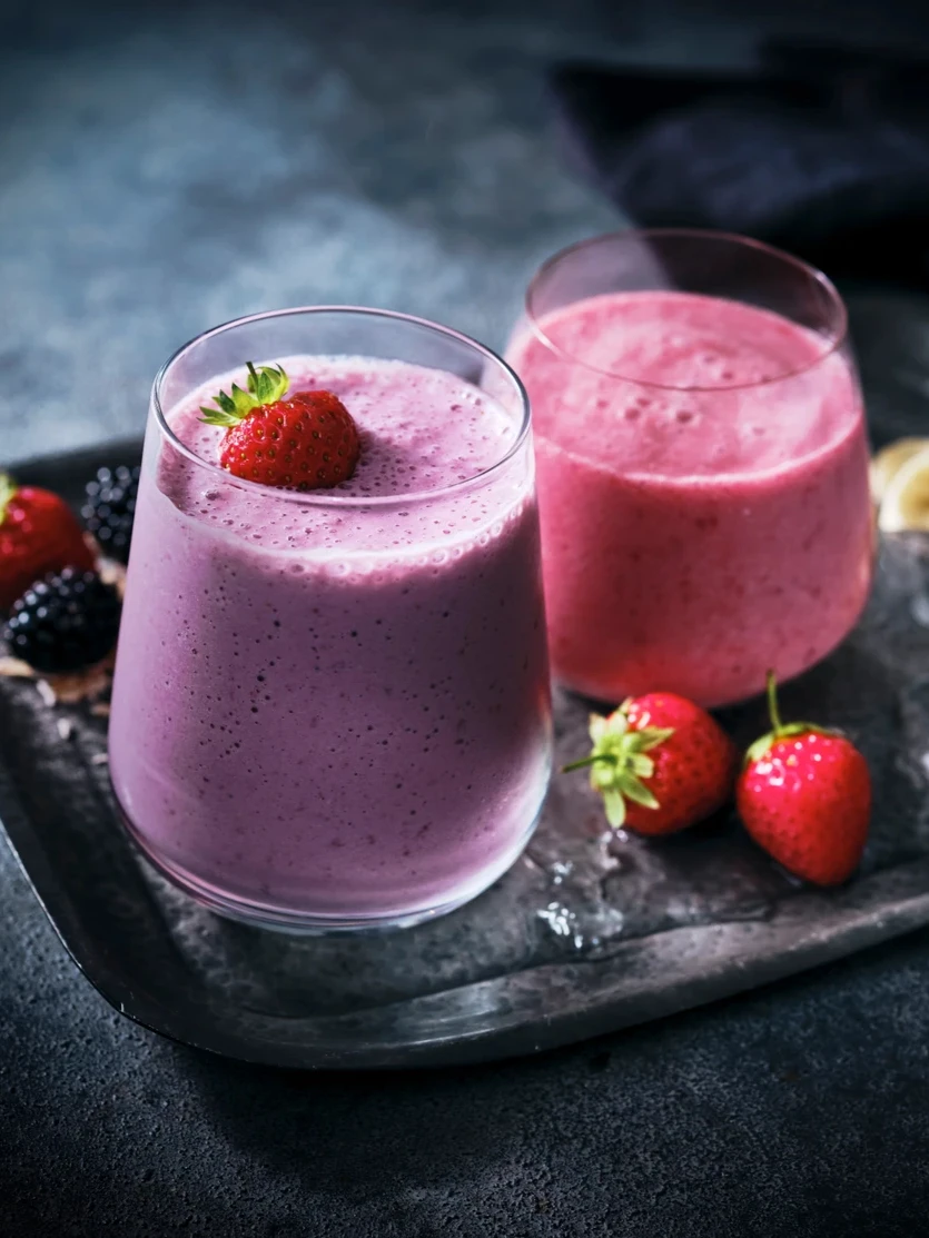 Two smoothies on metal tray