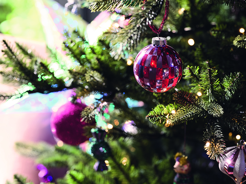 A close-up of a decorated Christmas tree