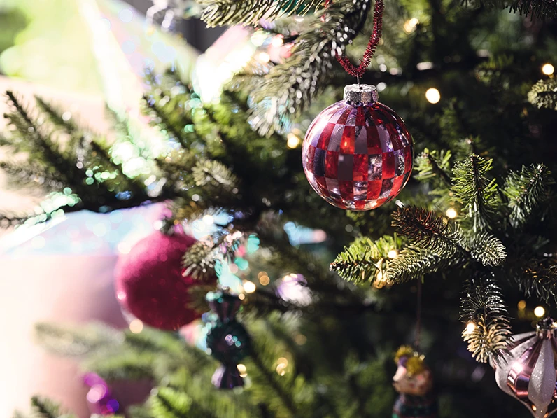 A close-up of a decorated Christmas tree