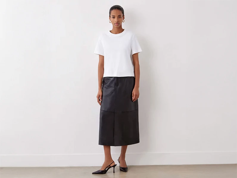 Woman wearing black leather midi skirt with a white T-shirt and black heels.