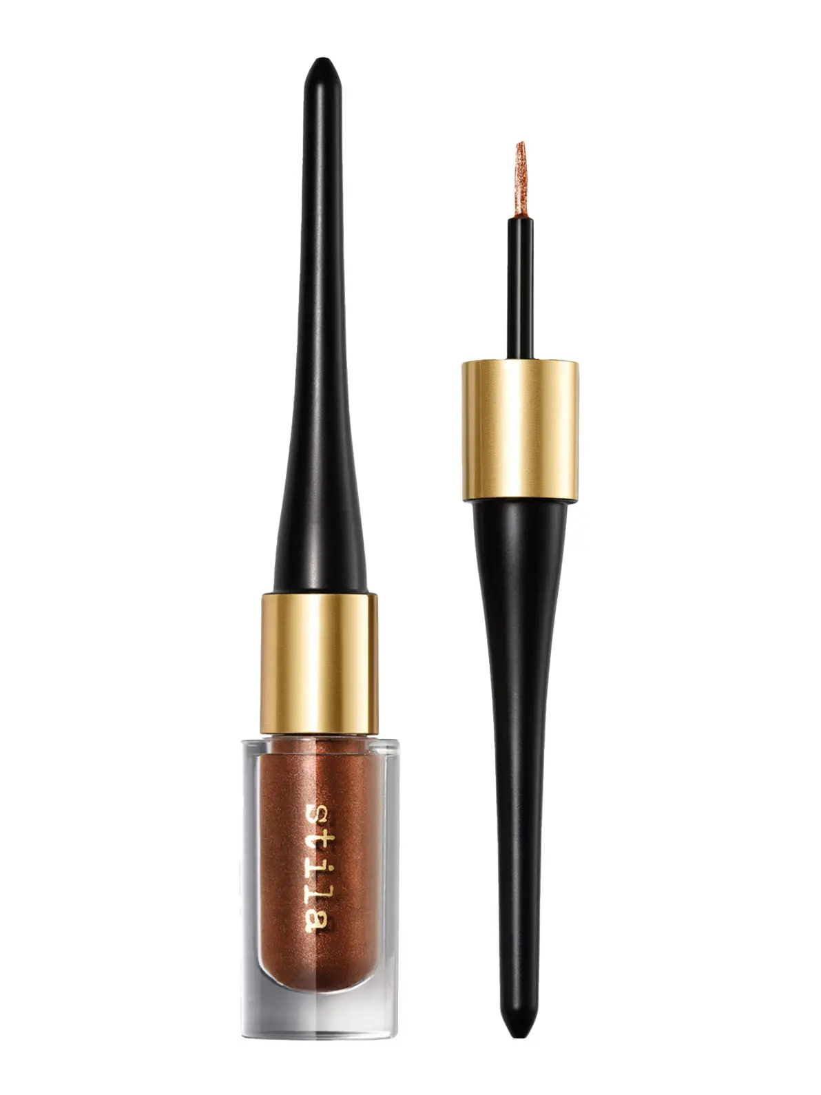 Bronze liquid eyeliner in a black with gold detail bottle