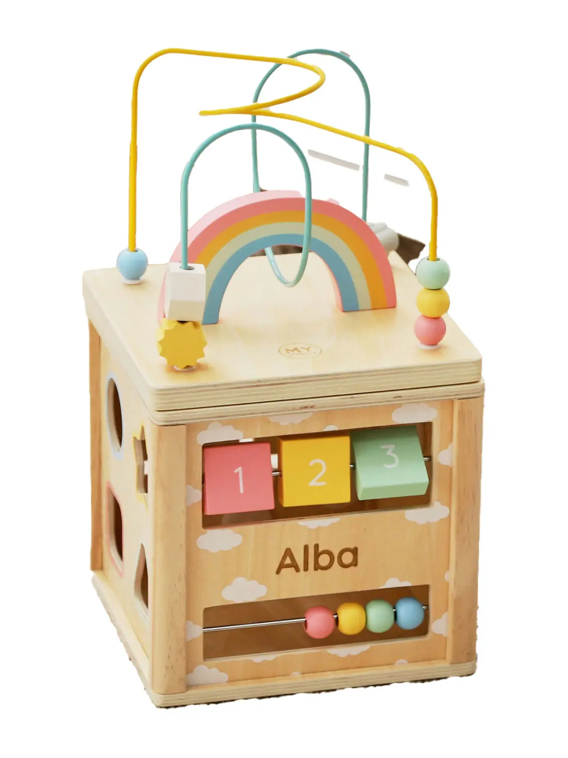 Wooden activity toy in cube shape with name 'Alba' printed