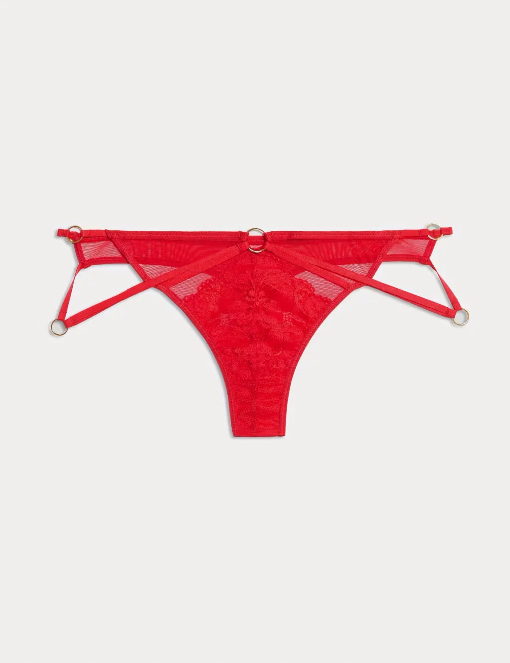 Red lace thong with gold ring detail
