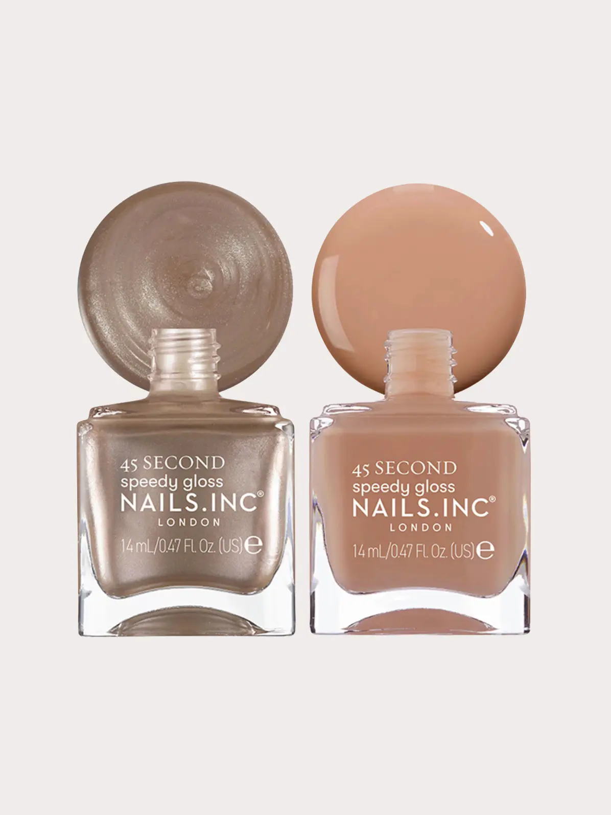 Two bottles of nail polish in neutral tones  