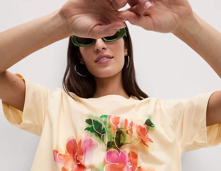 Woman wearing floral T-shirt