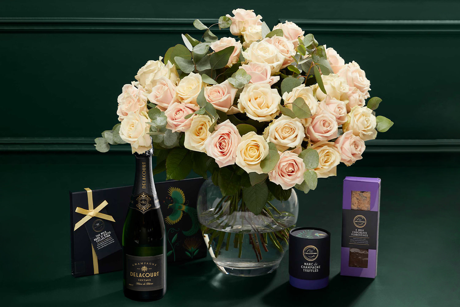 Luxury Rose Bouquet with Vintage Champagne, Truffles, Chocolates & Florentines