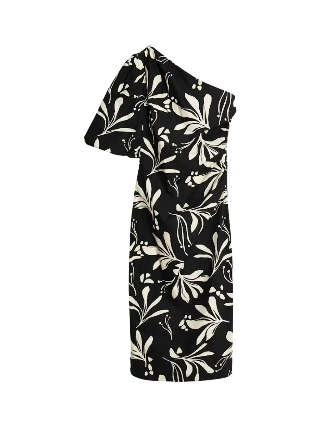 A one shouldered dress with a black and white print