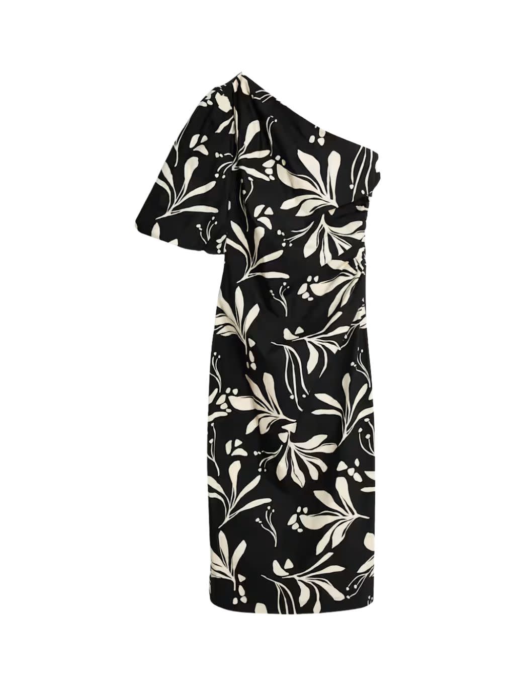 A one shouldered dress with a black and white print