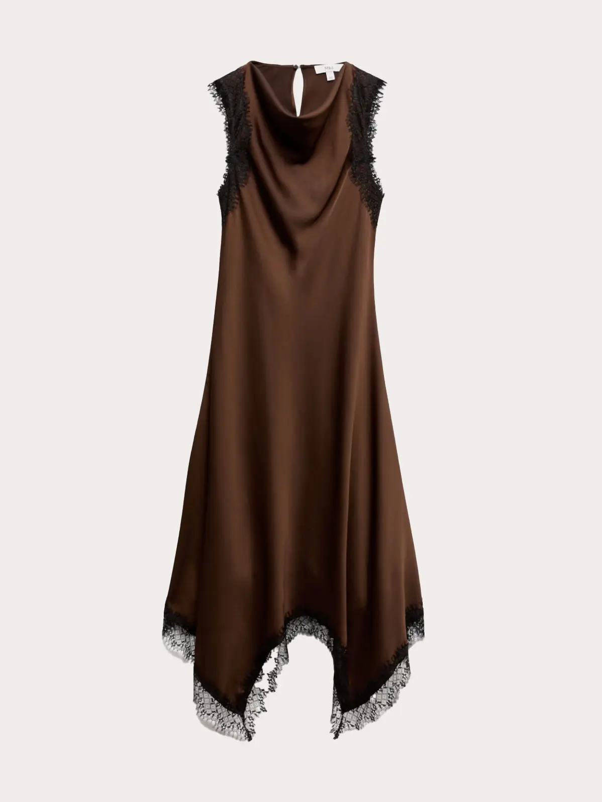 Brown slip dress with black lace trim