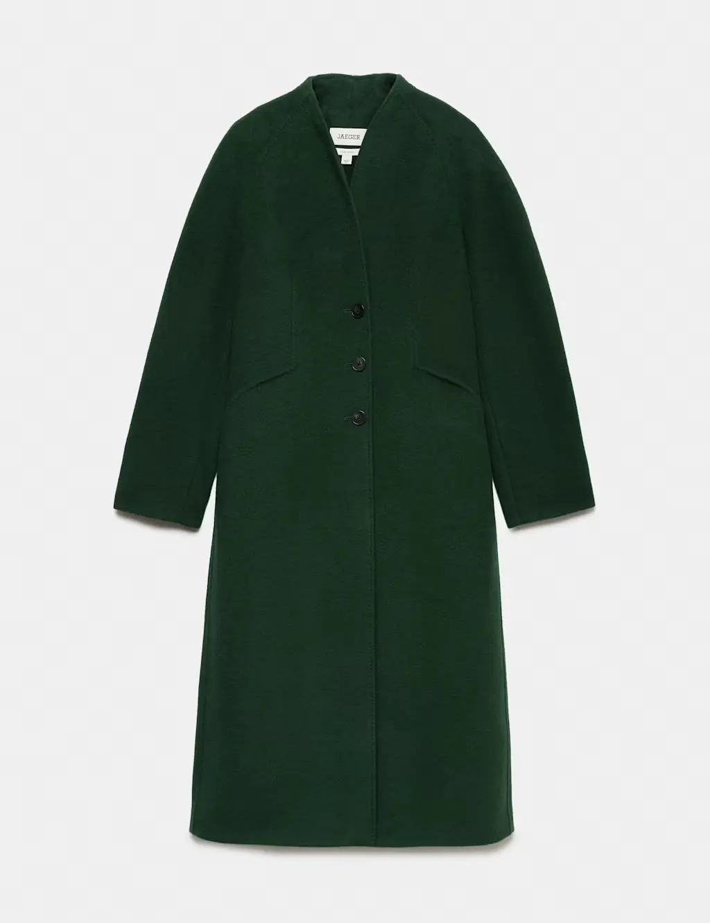 Long single breasted coat made with dark green wool.