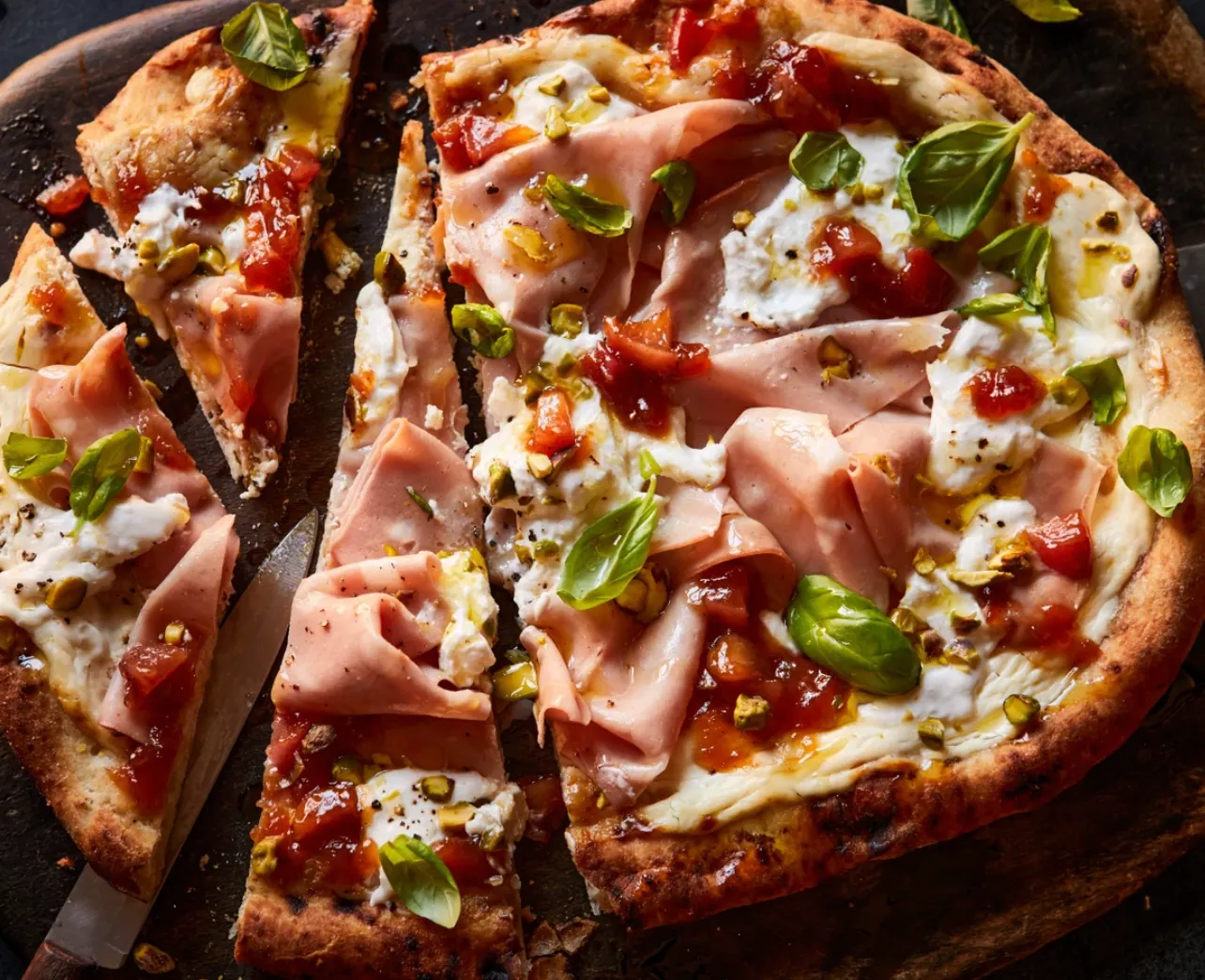 Mortadella, burrata and pistachio pizza