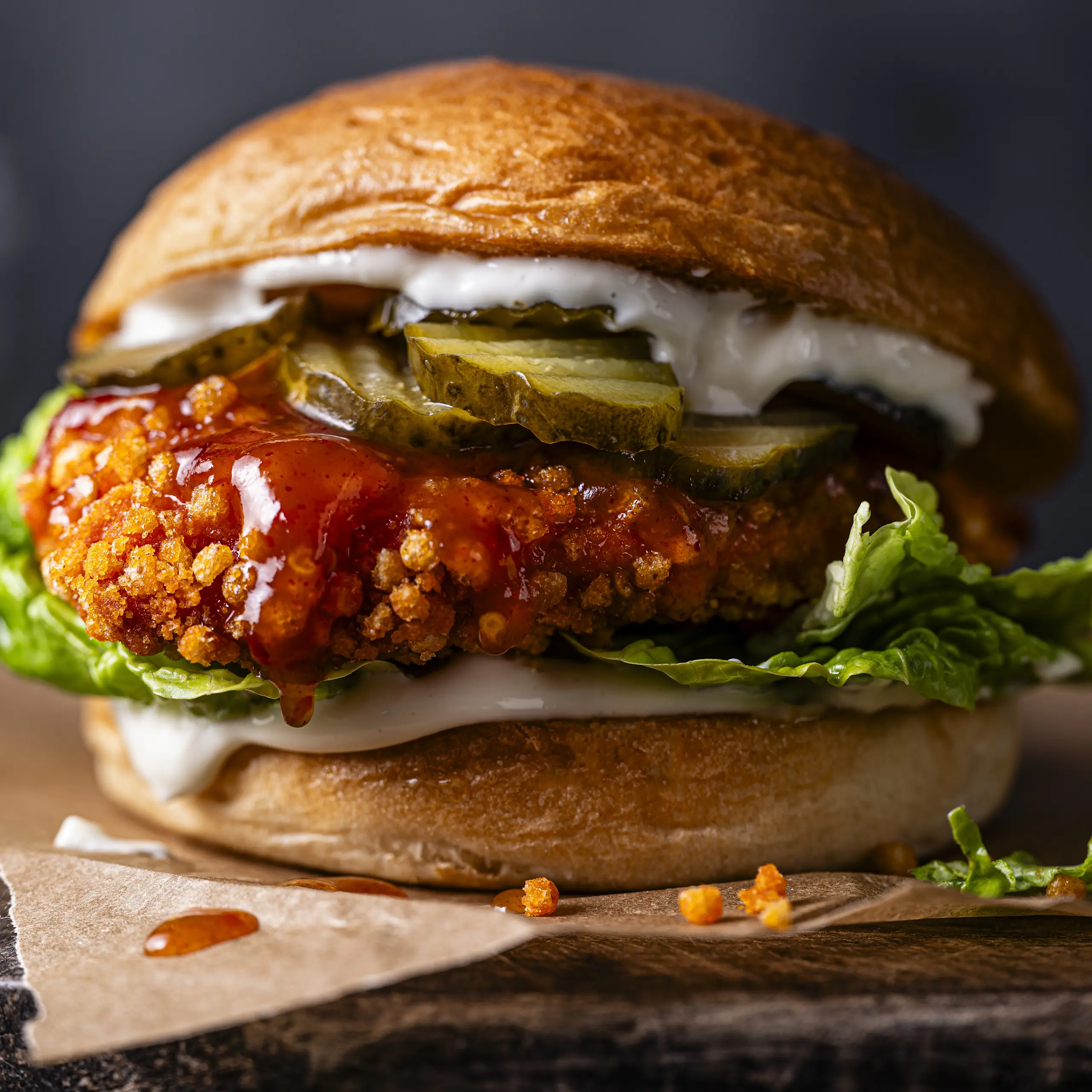 Chicken burger with pickles