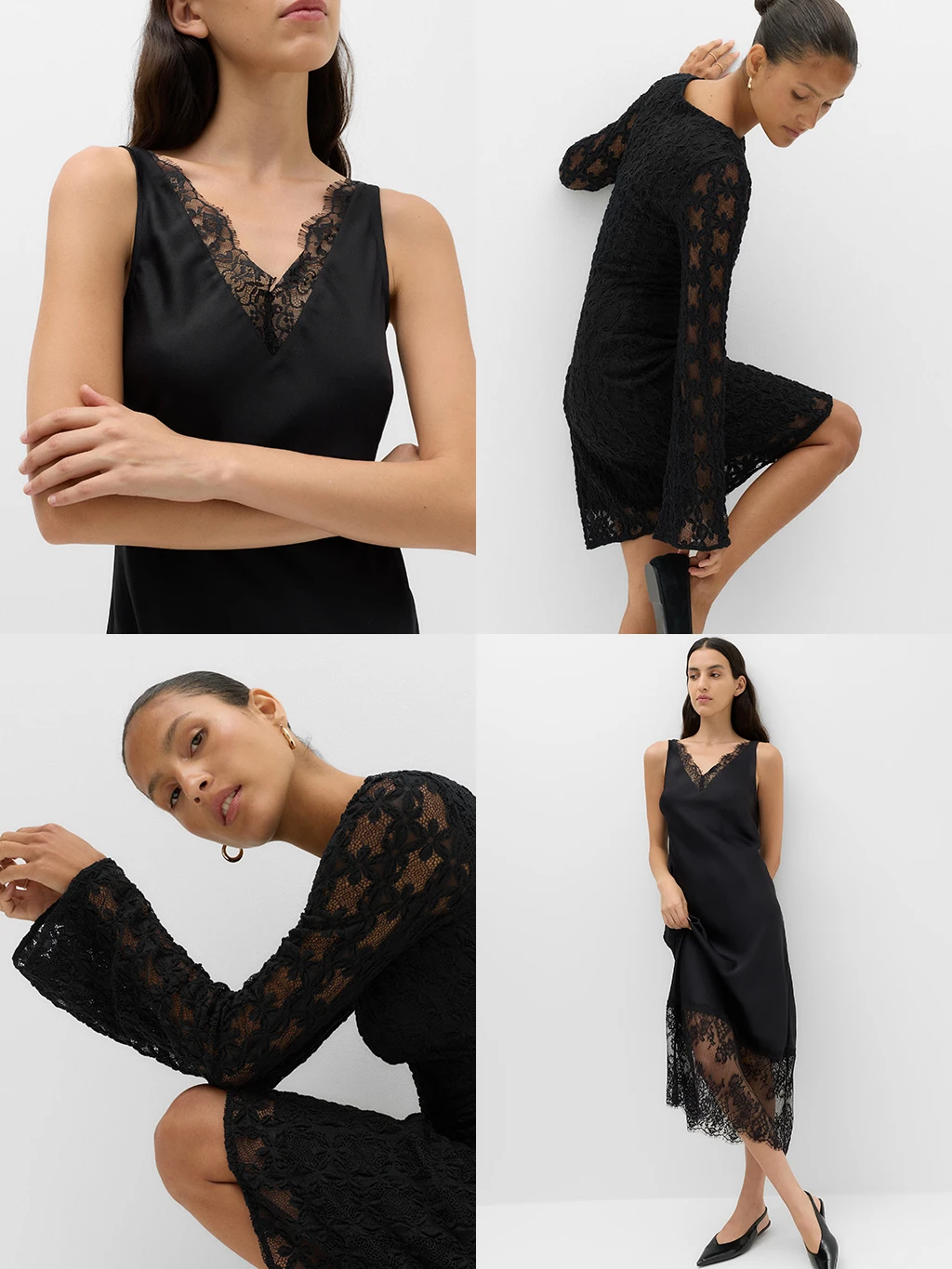 Collage of two women wearing a black lace dress with heels.