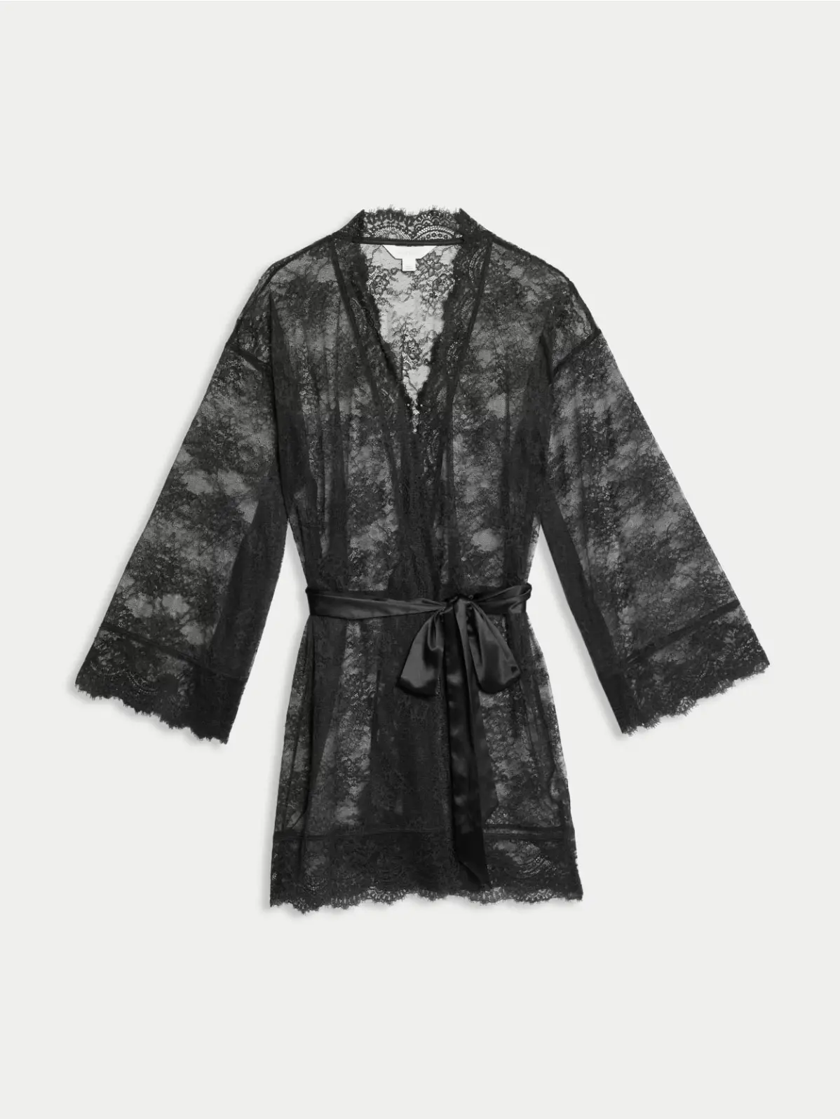 Black sheer lace robe with satin tie