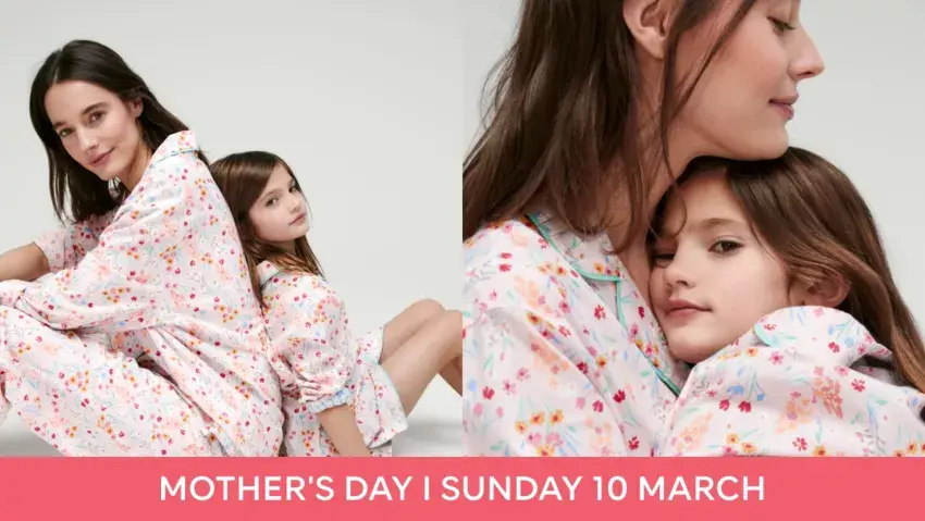 Mother and daughter in matching floral pyjamas. Shop Mother's day gifts
