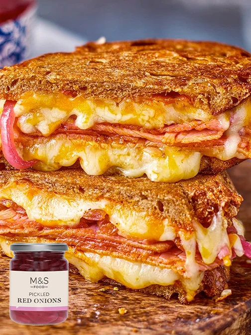 A cheese toast with pickled red onions