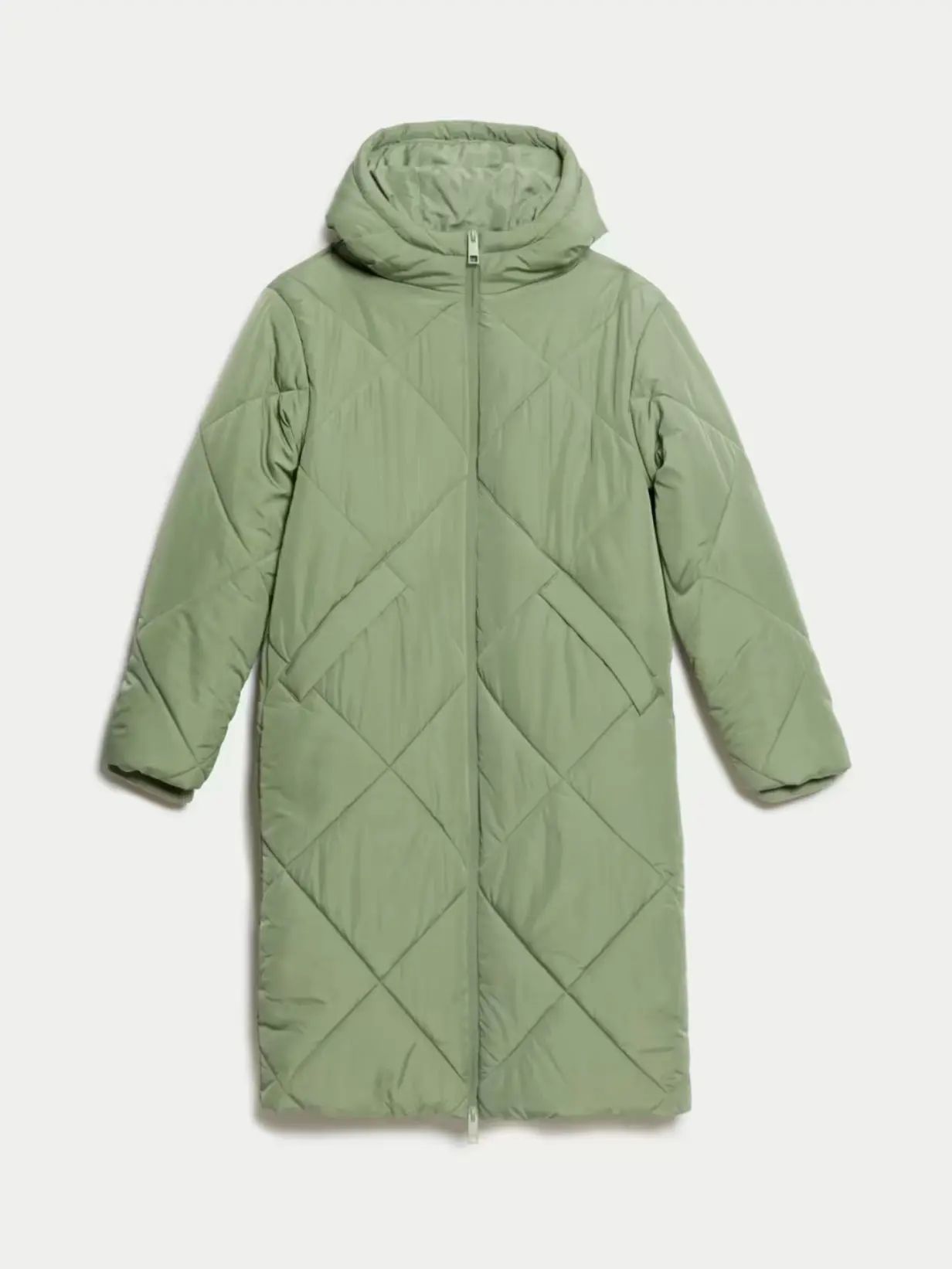 A cutout of a khaki longline puffer coat with hood against a light background