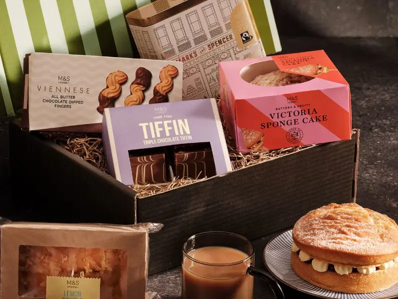 A close up of an afternoon tea hamper by M&S