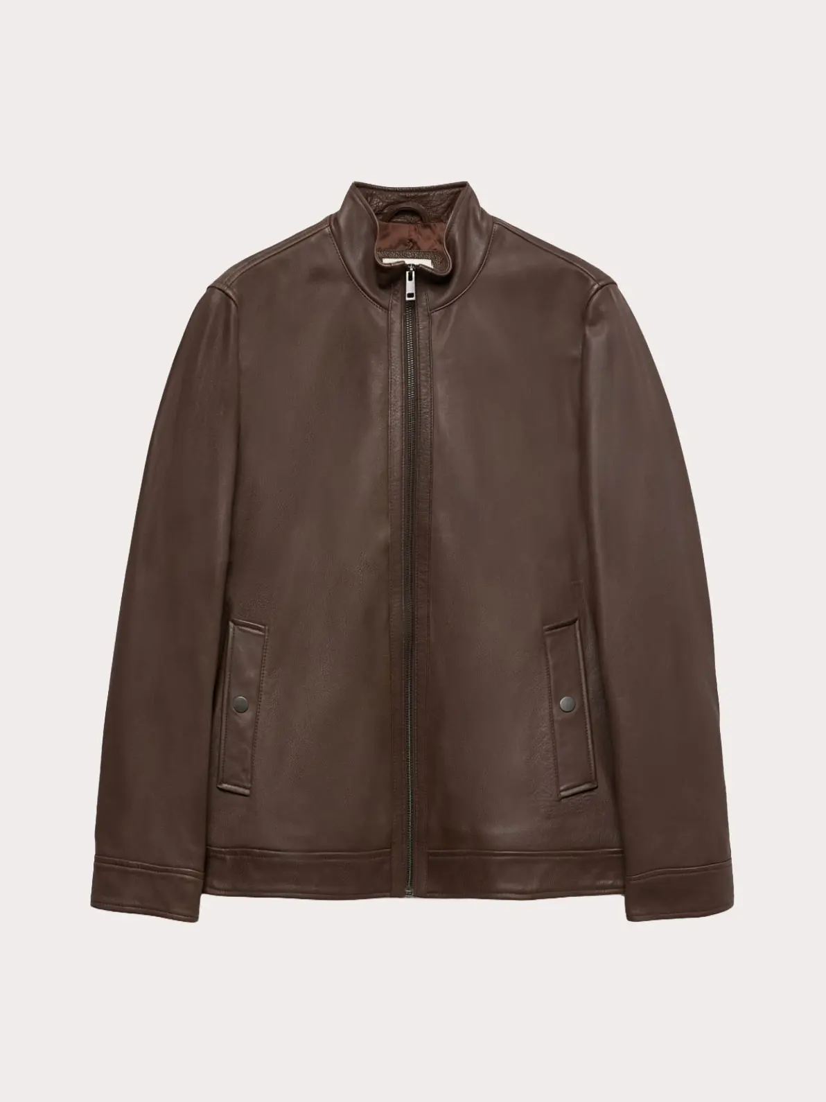 Men's brown leather jacket with funnel neck