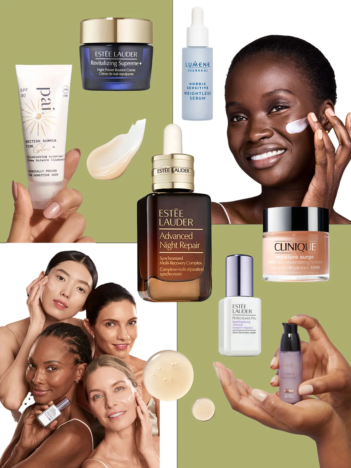 Collage of assorted skincare products on a green background