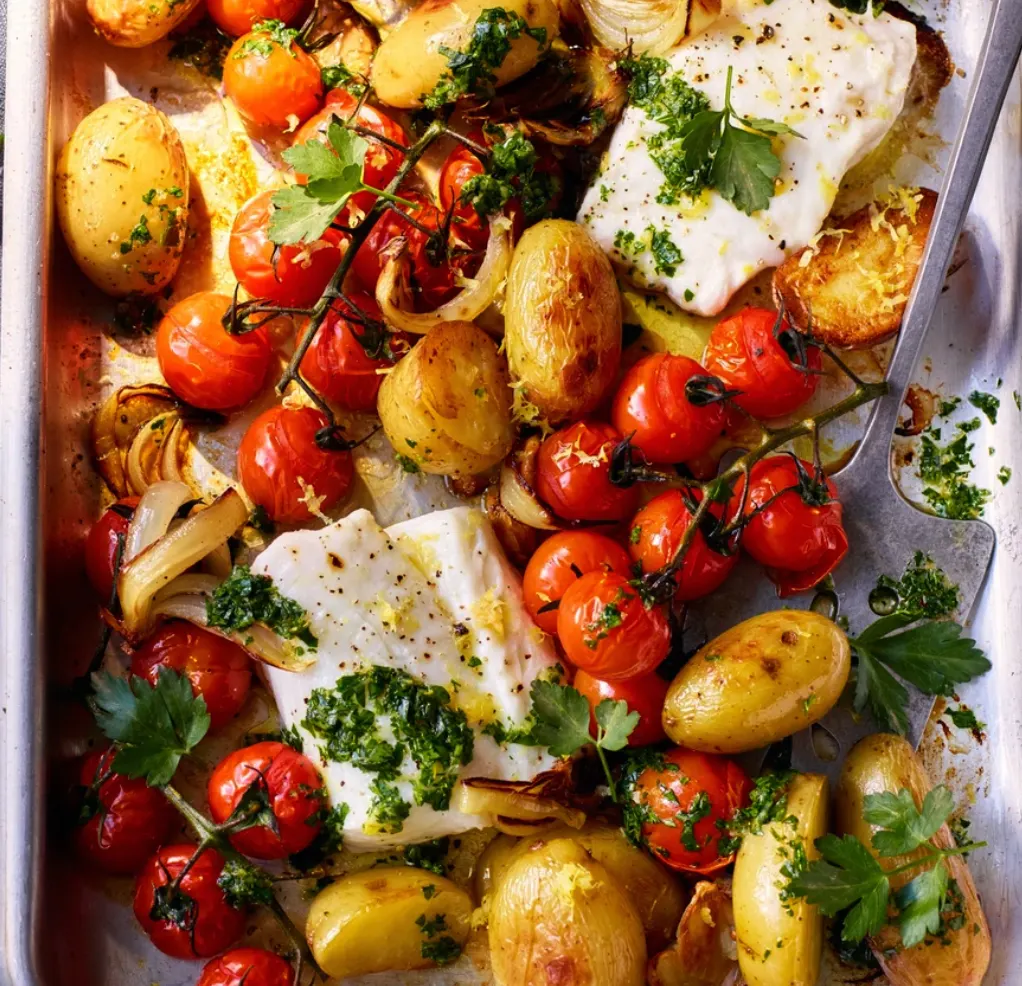 Cod, new potato and tomato traybake