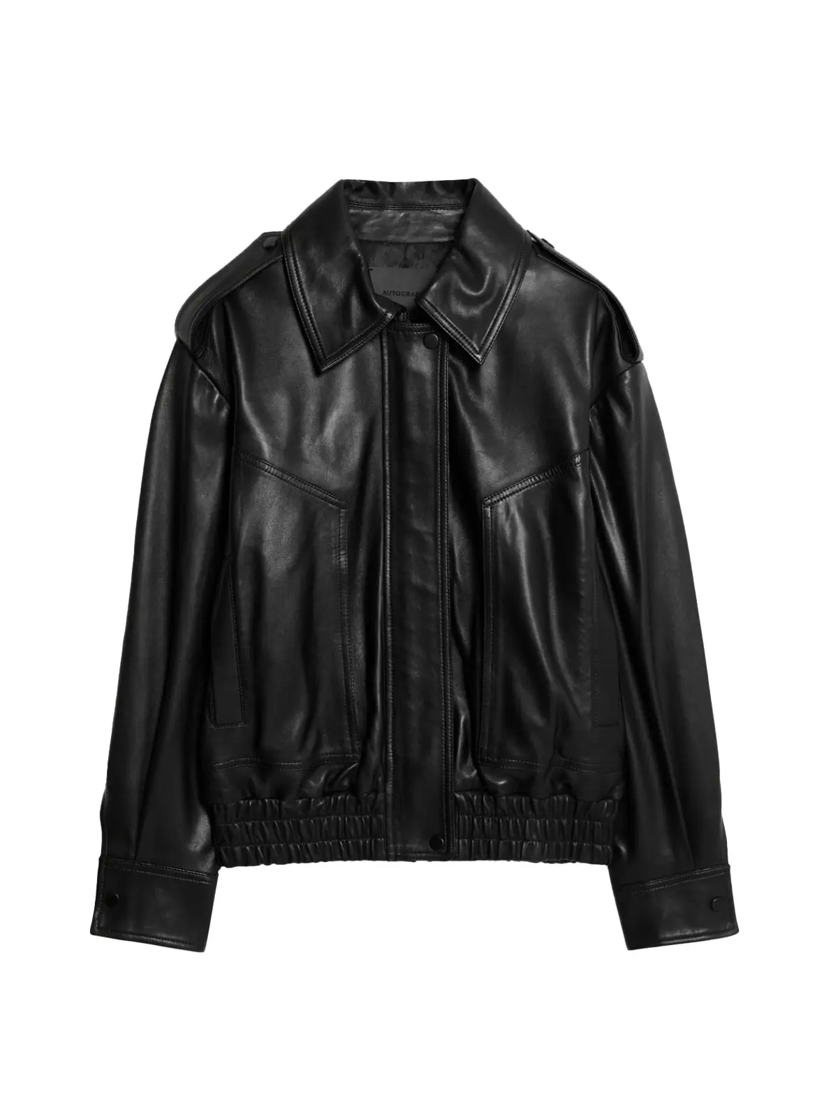 Black leather jacket with collar and zip-through style