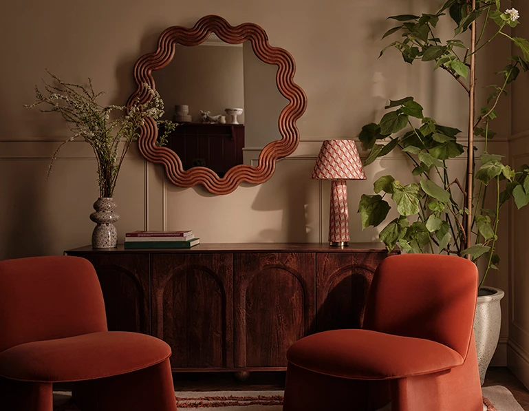 Burnt orange interior with velvet chairs