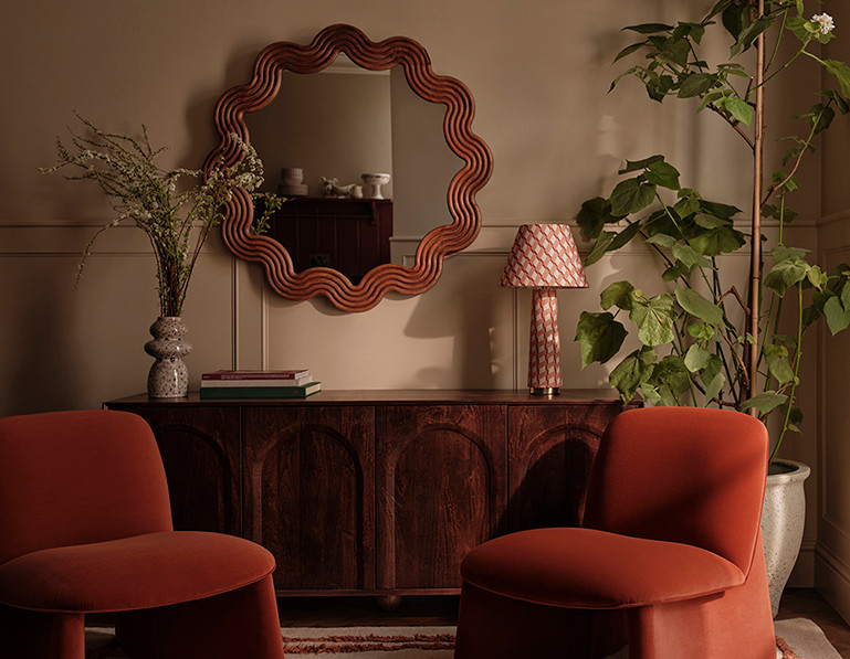 Burnt orange interior with velvet chairs