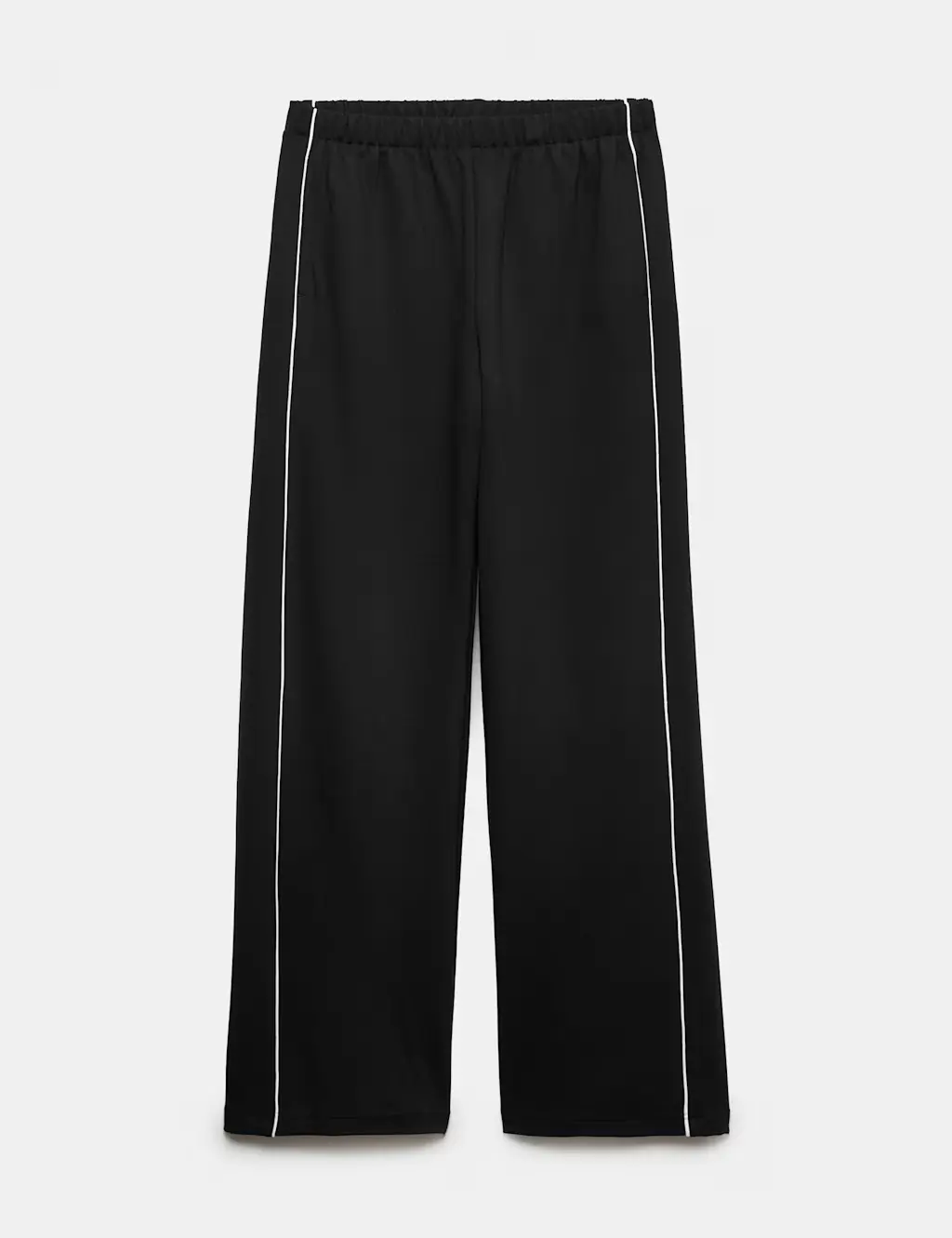 Black wide-leg joggers with two white stripes down the side.