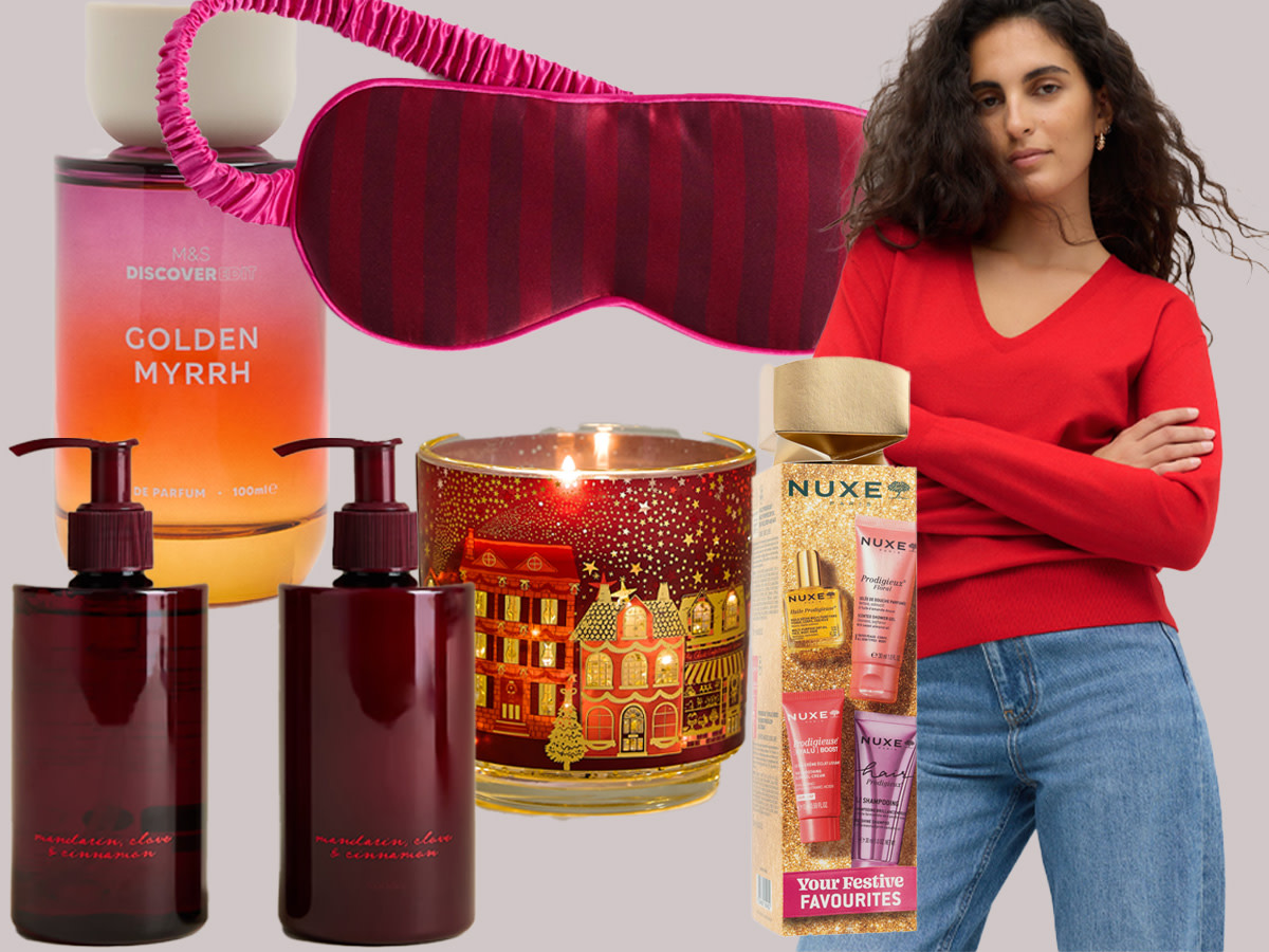 Hand soap and lotion, bottle of perfume, eye mask, candle, woman in red top and jeans