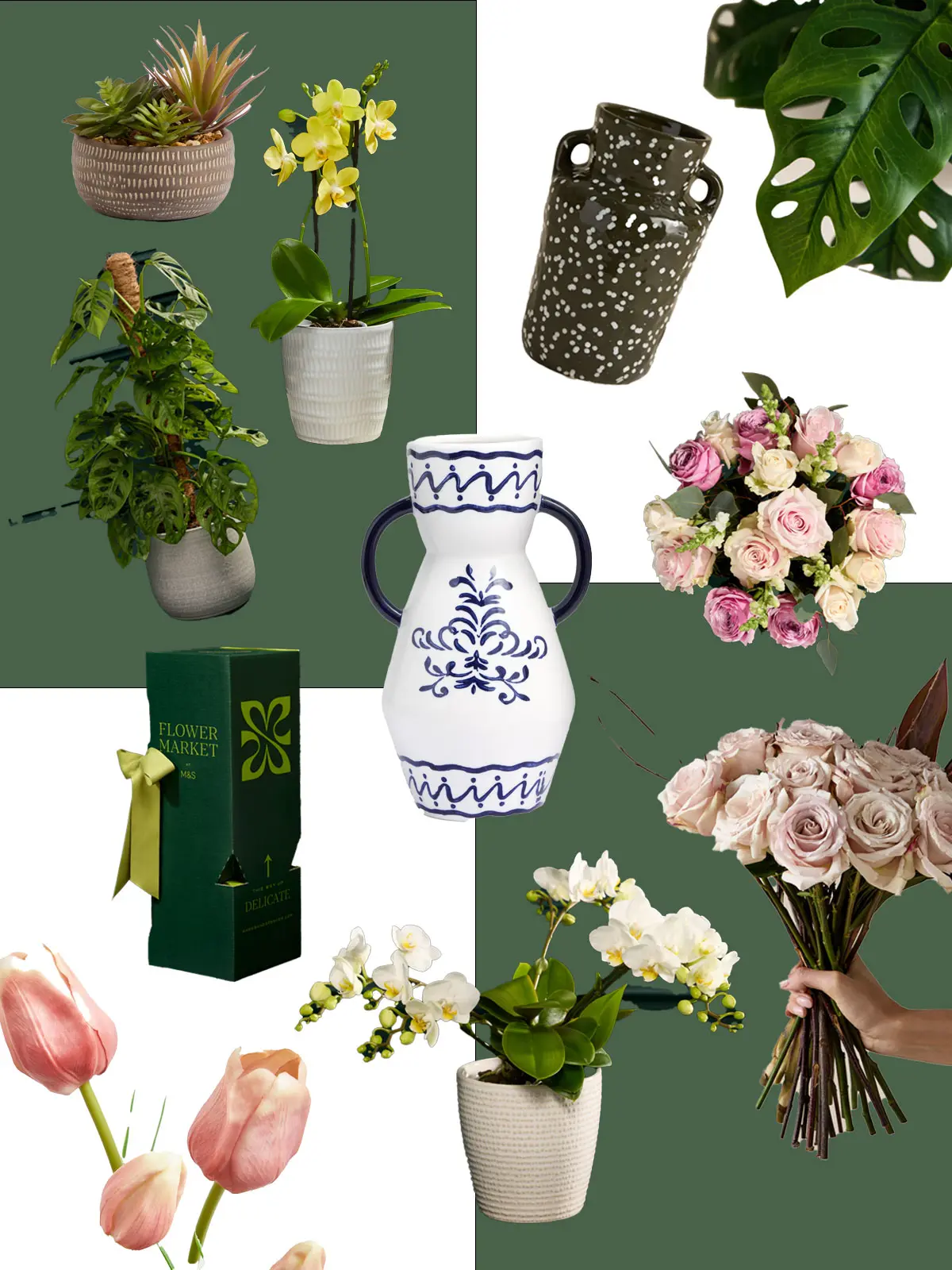 Collage of an assortment of vases, planters, plants and flowers
