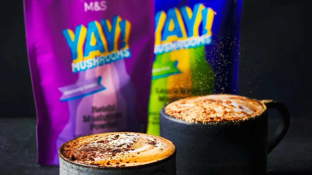 Two mugs with mushroom powder hot drinks