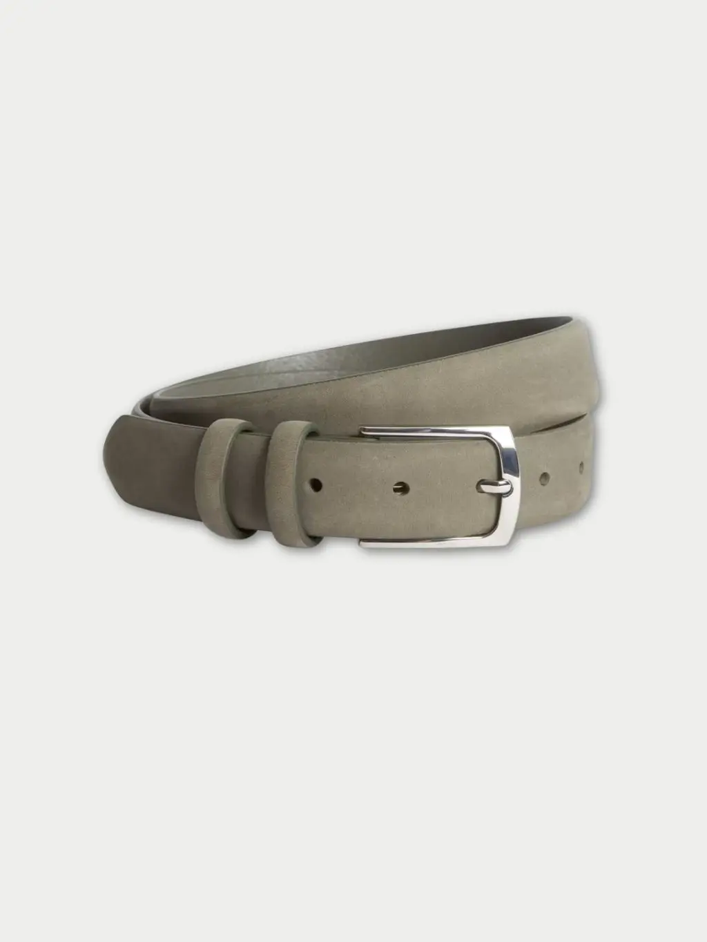 A cutout of a grey belt with a silver buckle against a pale background