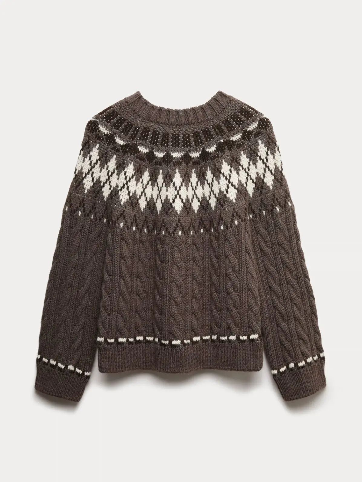 Brown and white cable-knit Fair Isle jumper