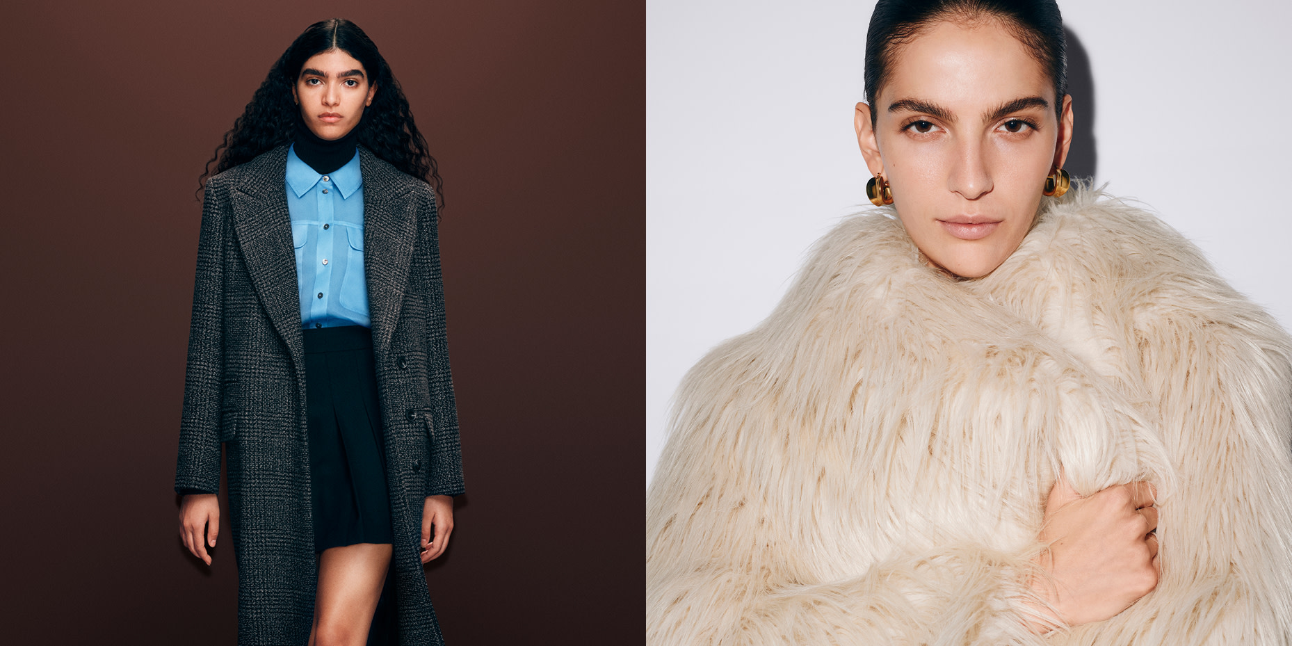 Woman wearing tailoring and a grey coat; woman wearing a faux-fur cream coat