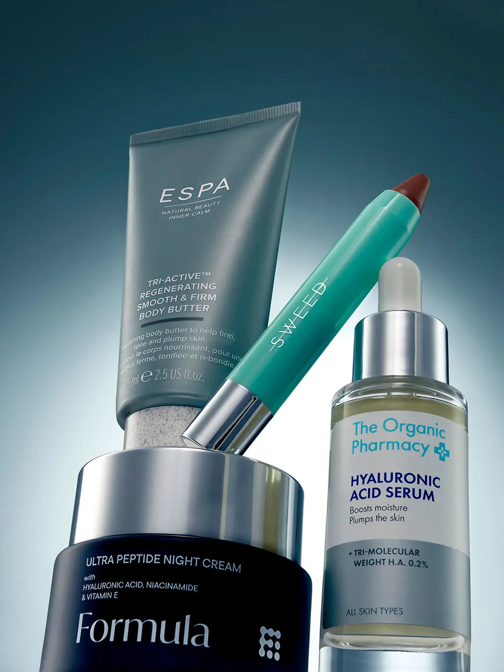 Skincare and beauty products stacked on top of each other