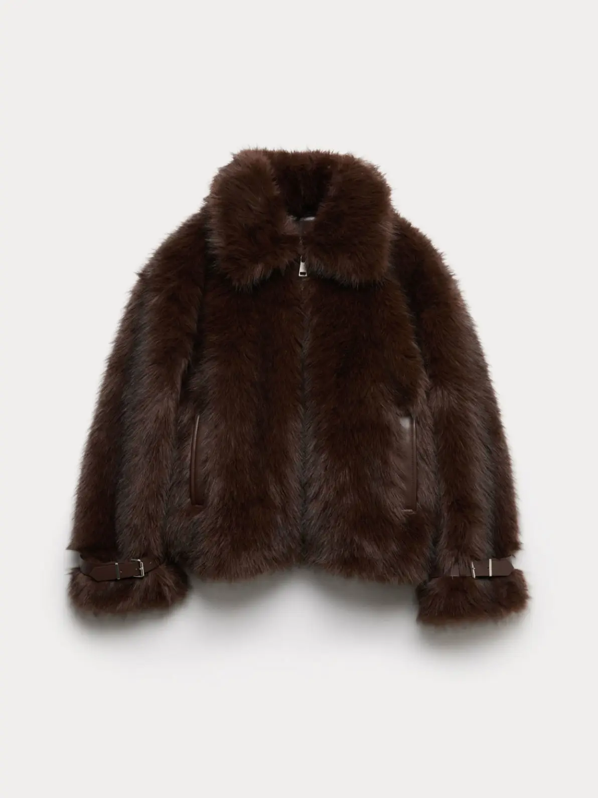 Brown faux-fur zip-up jacket with buckle details
