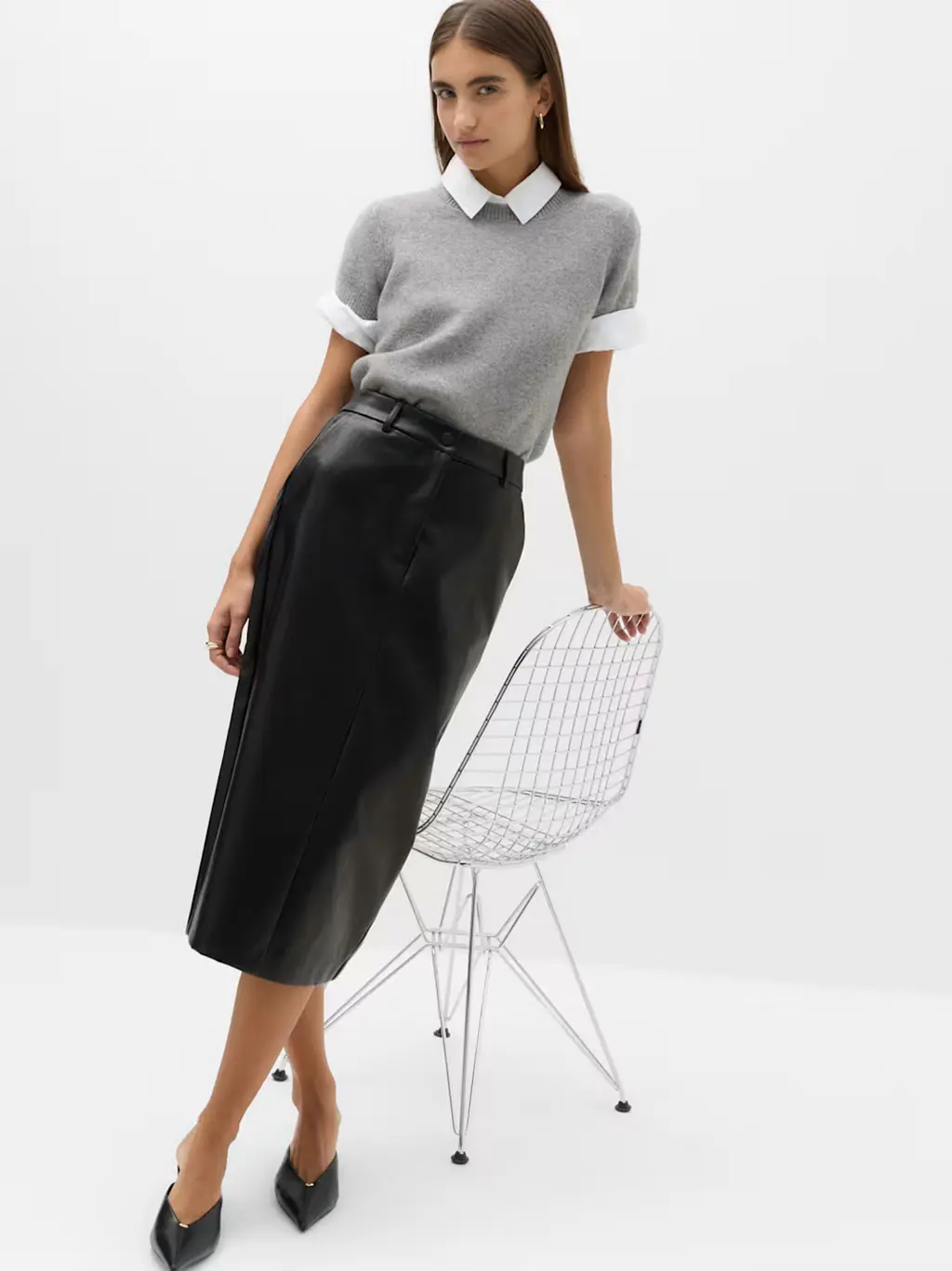 Leather skirt and grey top