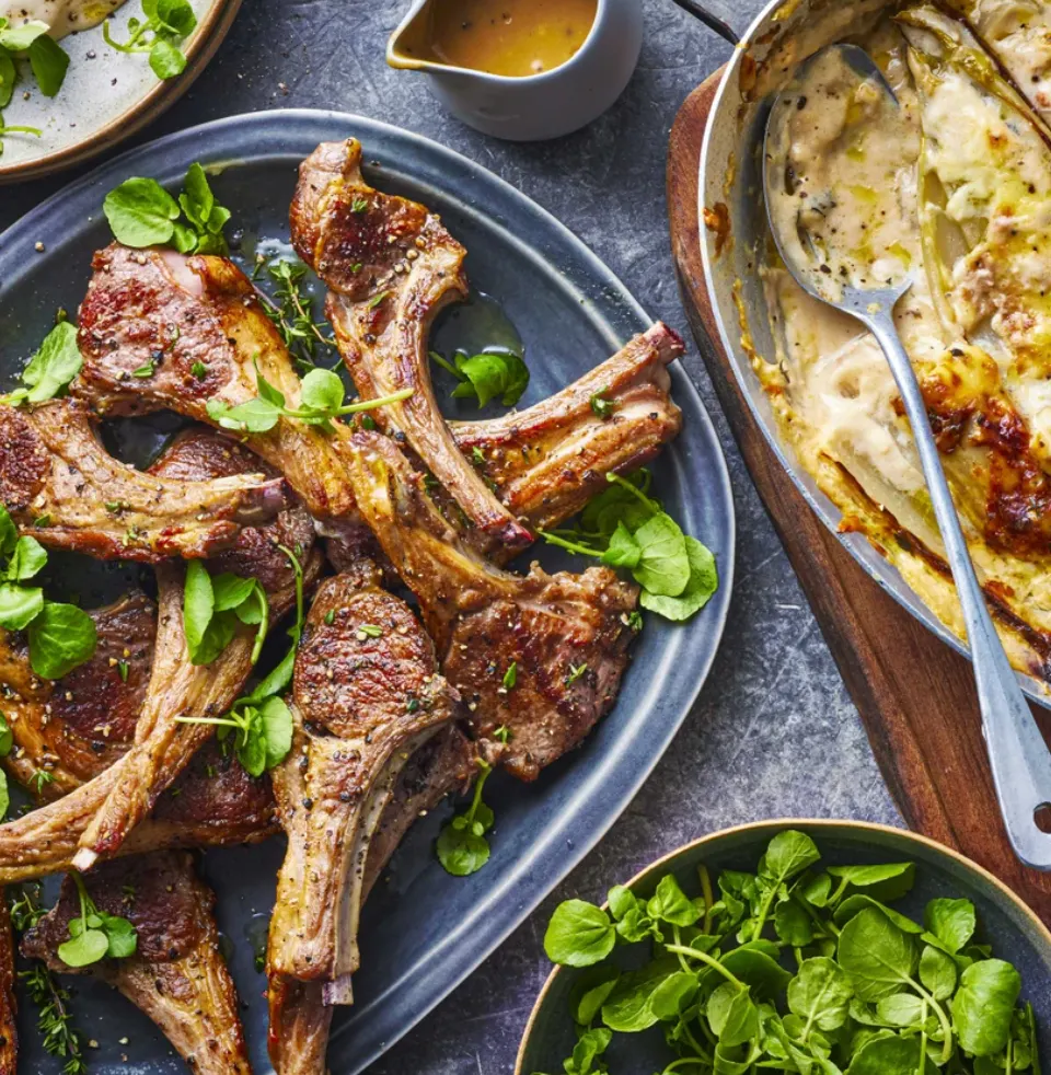 Lamb chops with cheesy chicory gratin
