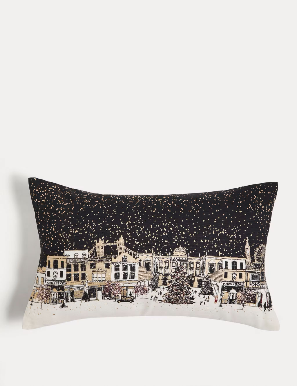 Snowy London skyline bolster cushion