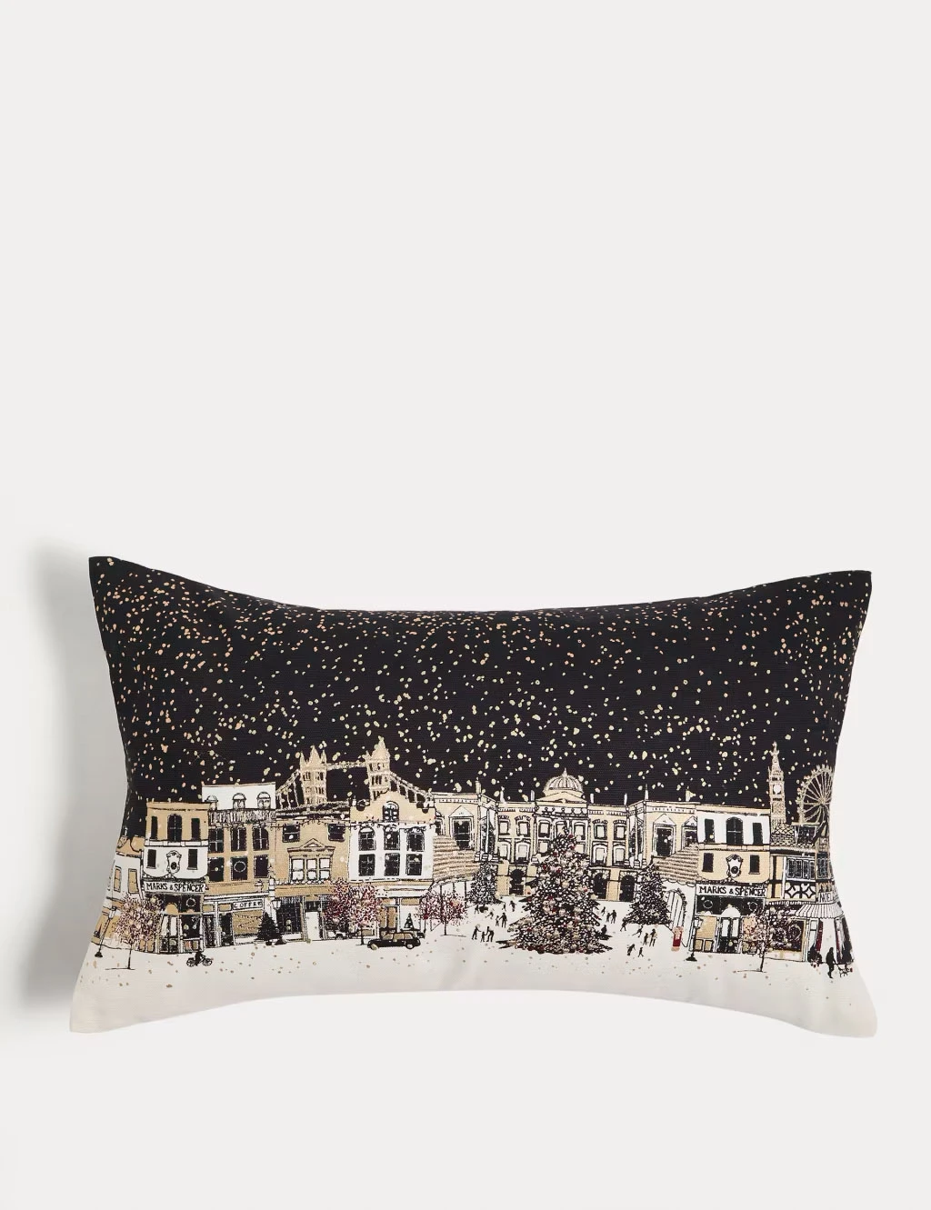 Snowy London skyline bolster cushion