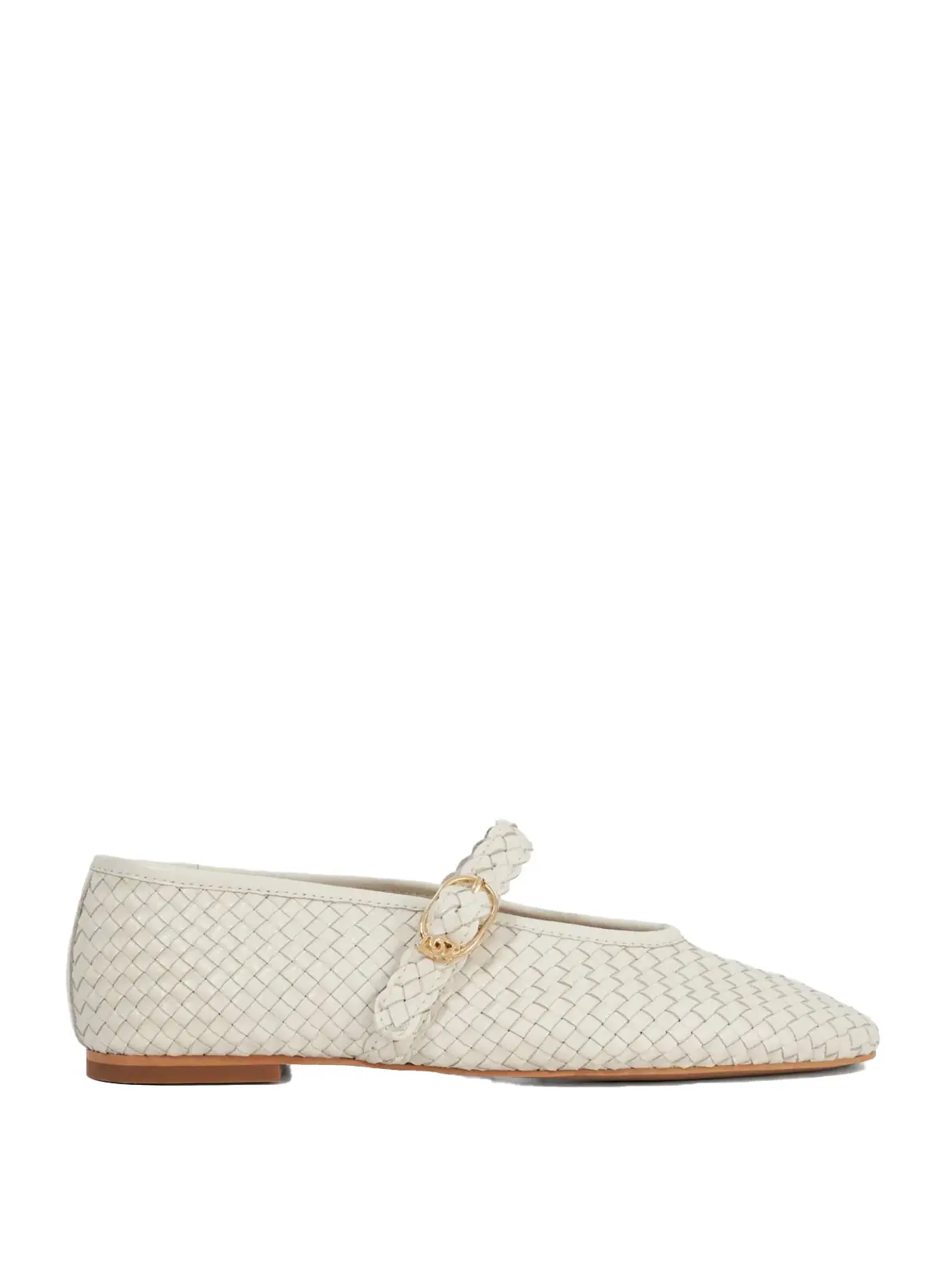 White woven Mary Jane flat shoe with gold buckle