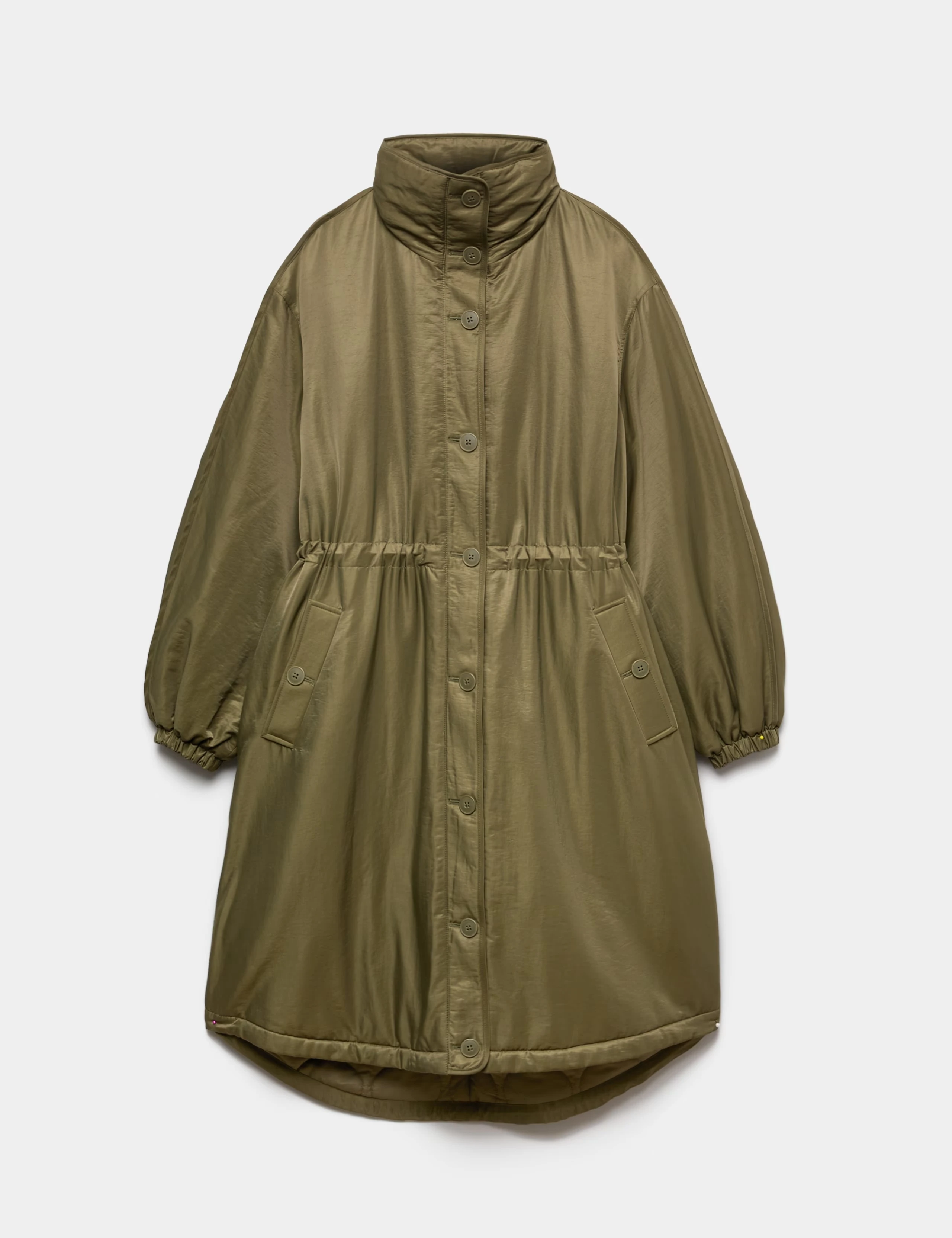 Khaki green parka coat with a slight sheen and cinched waist.