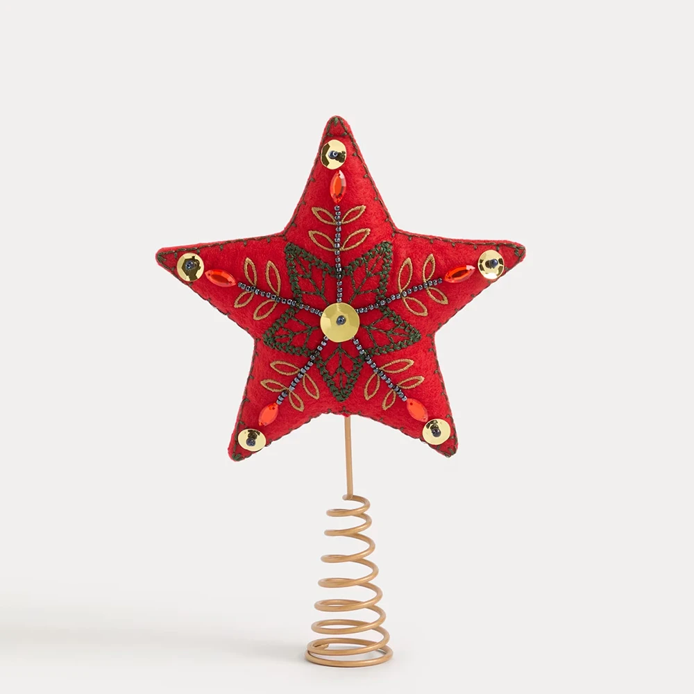 Red embroidered star tree topper