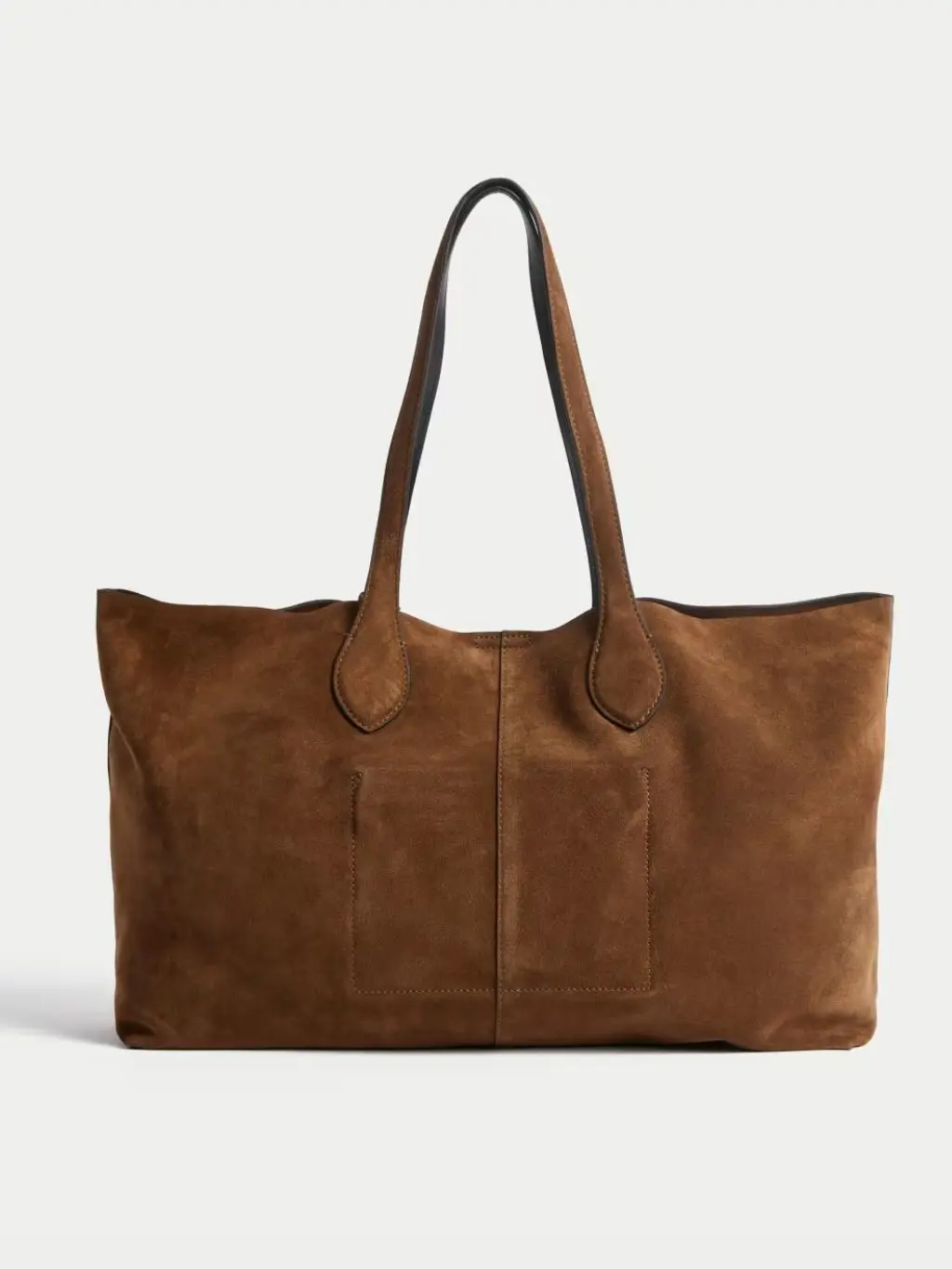 A cutout of a large brown suede tote bag