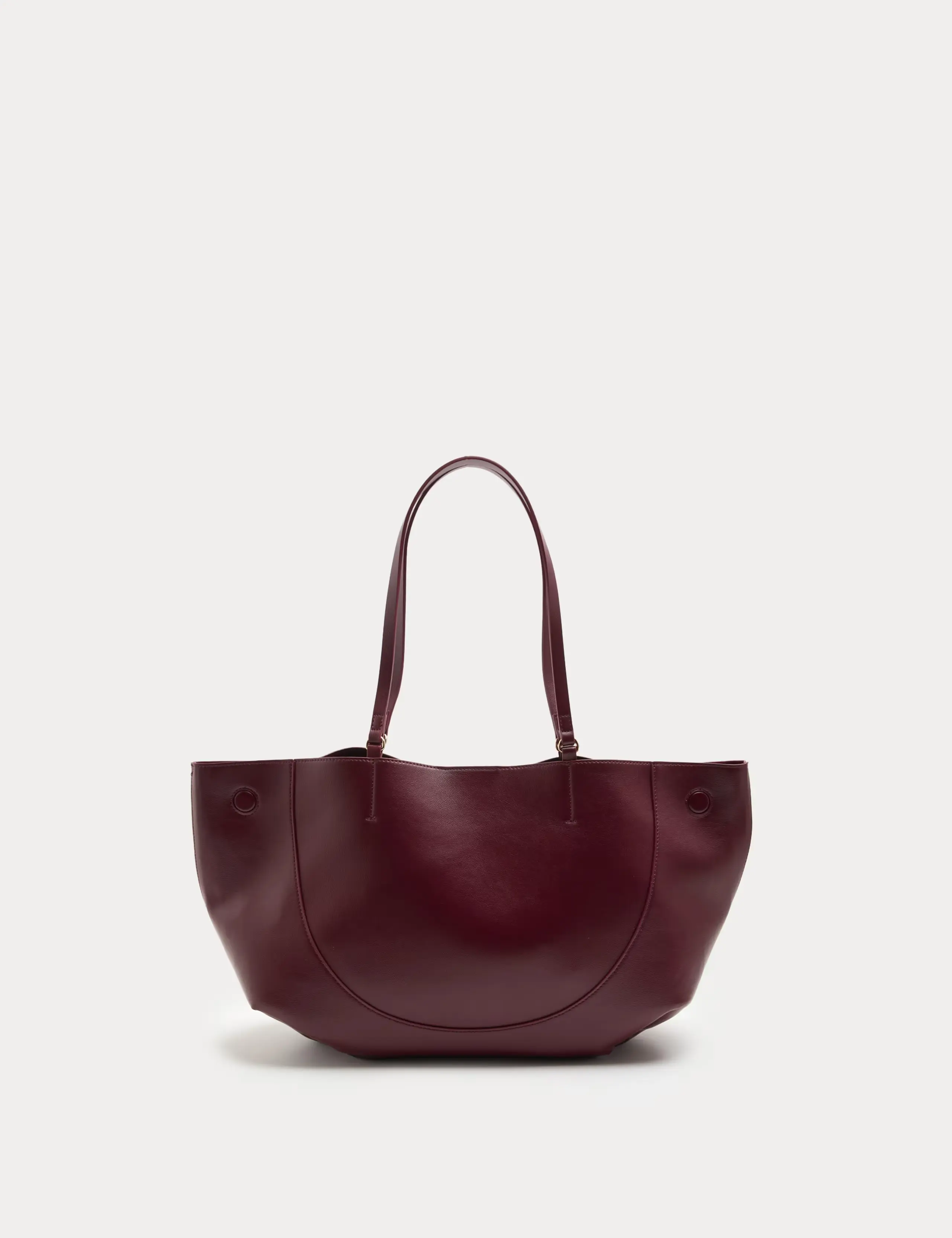 A large burgundy faux leather tote bag
