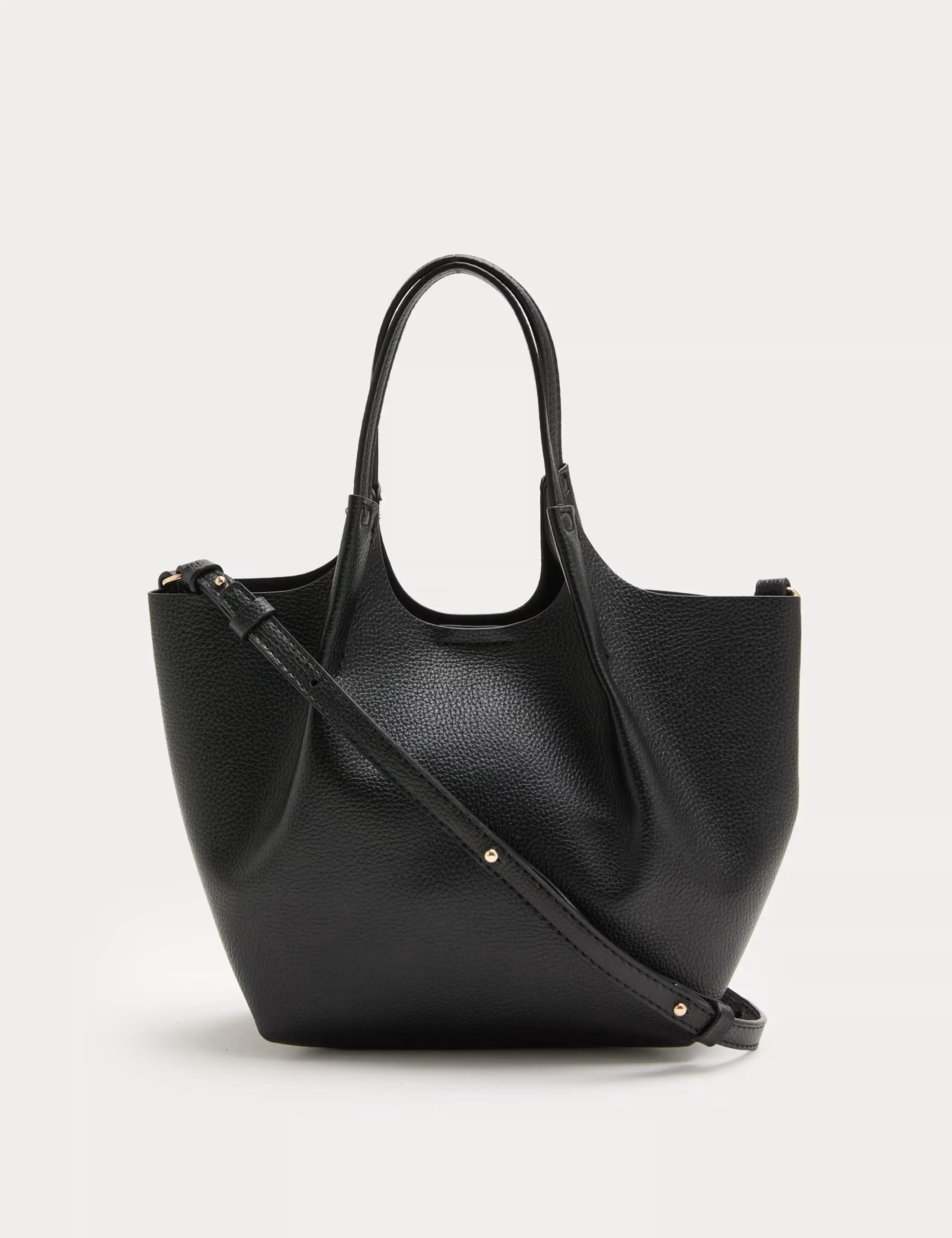 A black faux leather tote bag