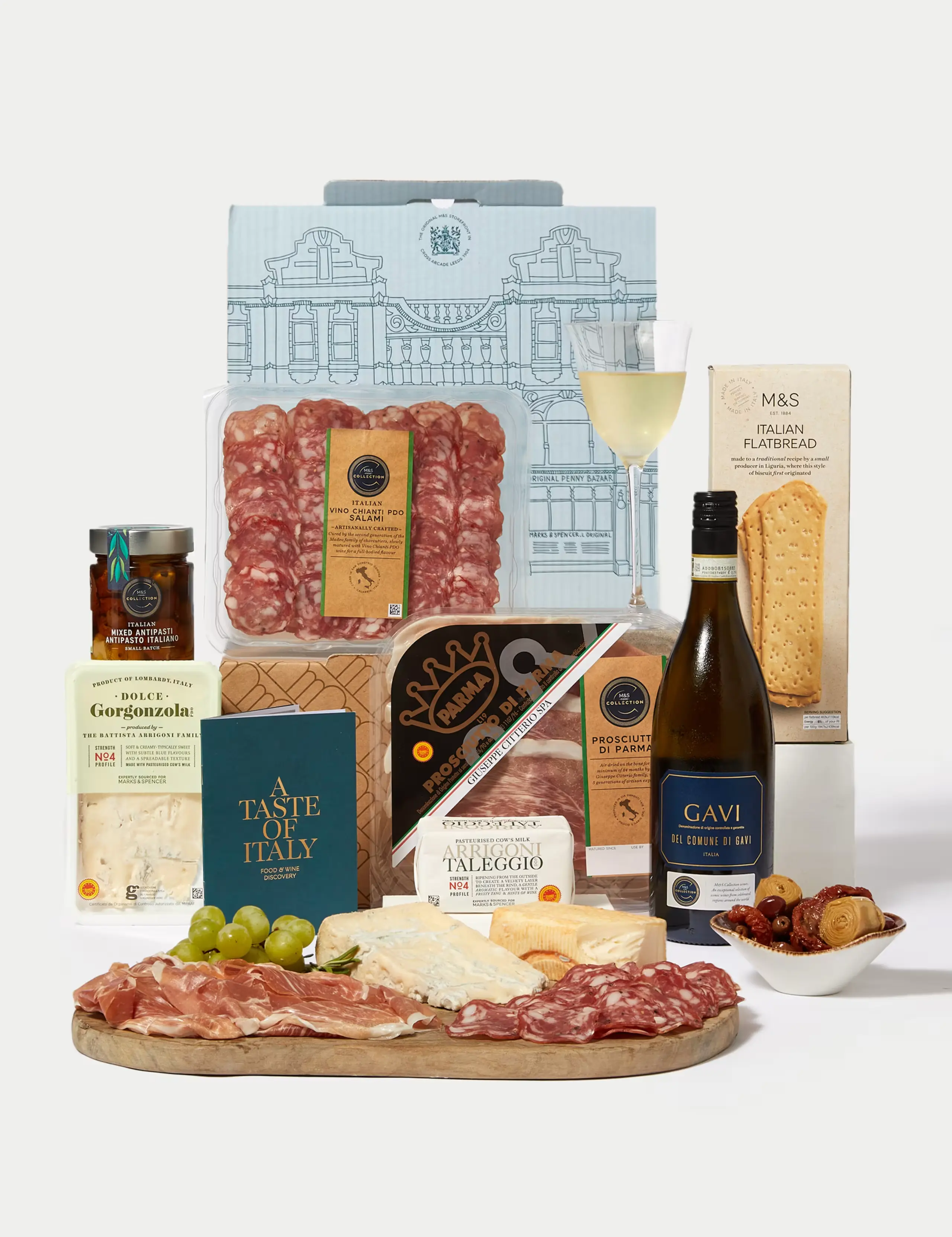 A selection of Italian deli items and white wine